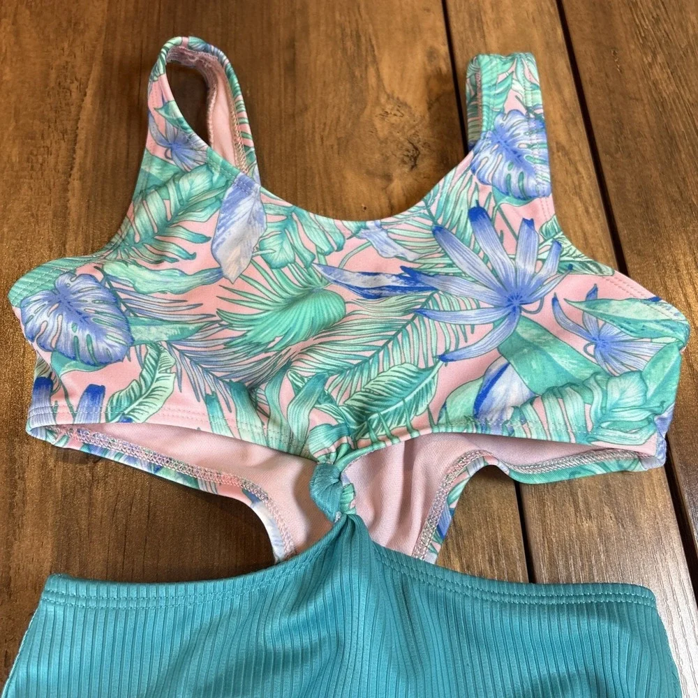 Art Class Kids XS (4/5) Teal Swimsuit Tropical Floral Ribbed Cutout One Piece